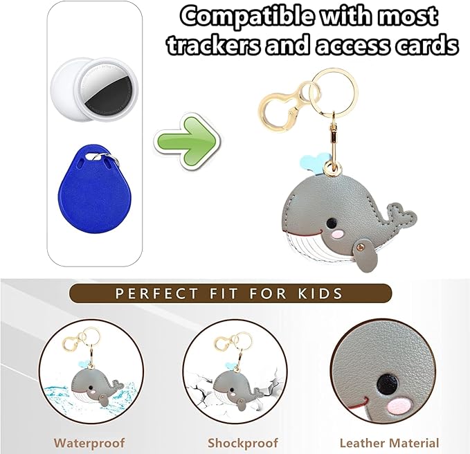 Leather Keychain Holder Case Compatible with AirTag,Cute Protective Cover with Keyring,Anti-Scratch Finder GPS Tracker Case for Wallet Keys,Bag,Pets(Whale Grey)