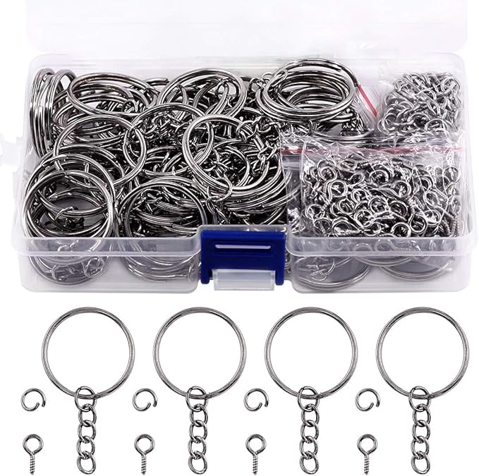 Swpeet 360Pcs 6/5" 30mm Gun-Black Key Chain Rings Kit, Including 120Pcs Keychain Rings with Chain and 120Pcs Jump Ring with 120Pcs Screw Eye Pins Bulk for Jewelry Findings Making (Gun-Black)