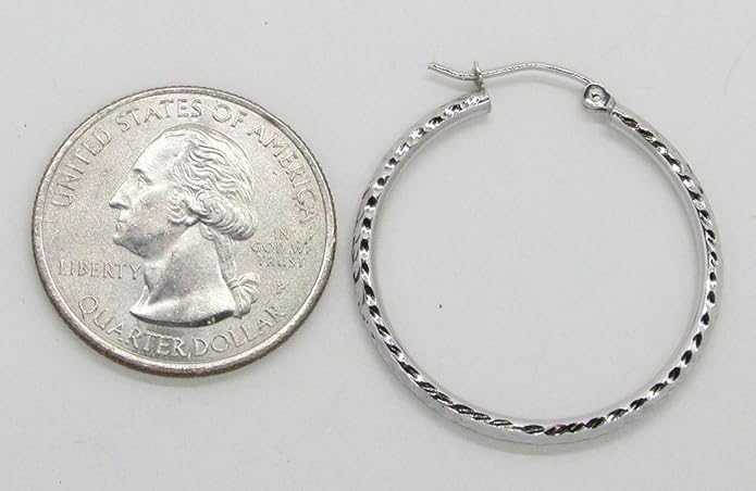 14k White Gold Diamond-Cut Hoop Earrings, (2mm Tube)