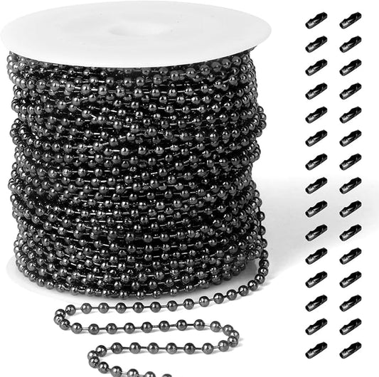 [50 Feet] Black Stainless Steel Ball Bead Chains Roll, 2mm Width 304 Stainless Steel Ball Chains Spool with 30 PCS Connectors Bulk for Jewelry Making