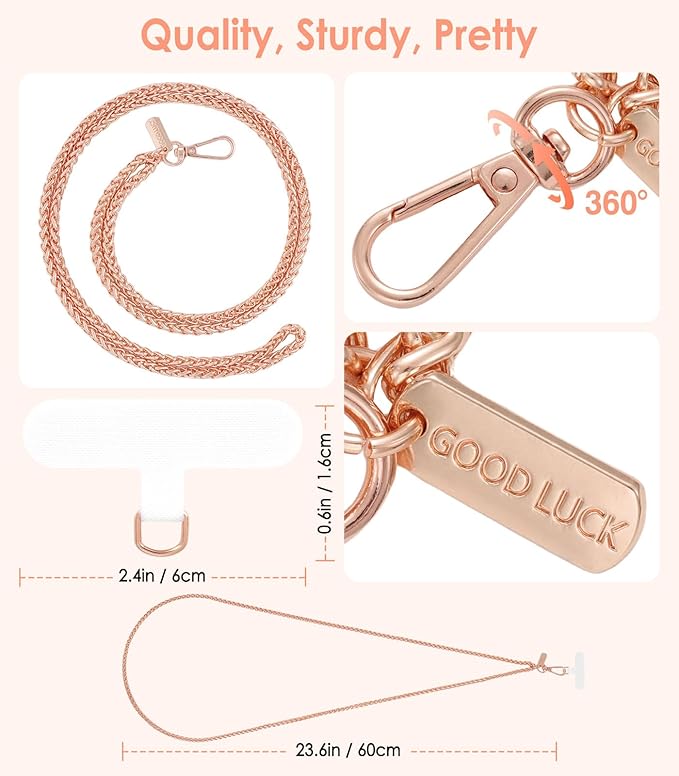MoKo Universal Phone Lanyard, Metal Cell Phone Chain Crossbody Strap Anti-Theft Detachable Women Cellphone Lanyards Around The Neck with Patches for iPhone, Most Smartphones, Pale Rose Gold