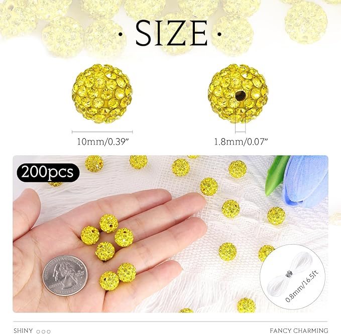 200 Pcs Citrine Rhinestone Beads for Jewelry Making, Sparkle Crystal Clay Christmas for Bracelet Baseball Necklace Earring Crafting and DIY, Shiny Round Shamballa Disco Ball Beads Bulk