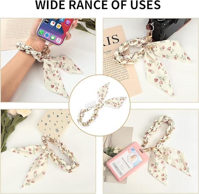 Fycyko Phone Wrist Strap with Gold Metal Scarf and Universal Tether Tab, Aesthetic Print Design Ribbon Chain, Multi-Purpose Accessories for Bag Key Cellphone for Men Women Girls-Beige Floral