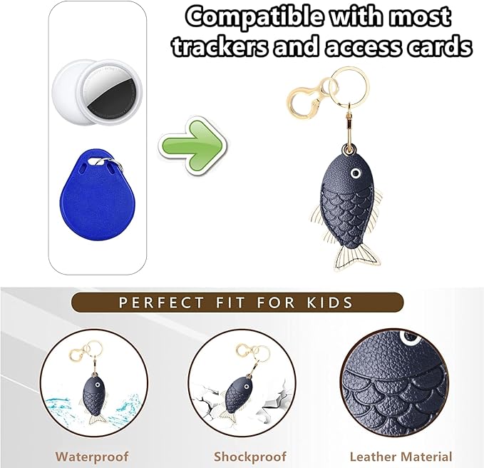 Leather Keychain Holder Case Compatible with AirTag,Cute Protective Cover with Keyring,Anti-Scratch Finder GPS Tracker Case for Wallet Keys,Bag,Pets(Fish Black)