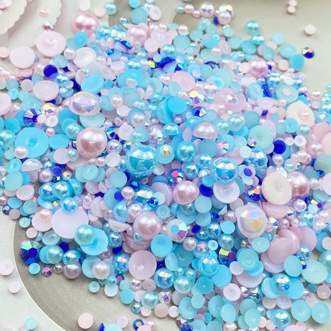 100g Mix Resin Rhinestones Flatback Half Round Pearls Mixed Size 3mm-10mm AB Color Half Pearls Resin Rhinestones for DIY Craft Nail Art Shoes Clothes Phone Case (Aquamarine/Pink Series)
