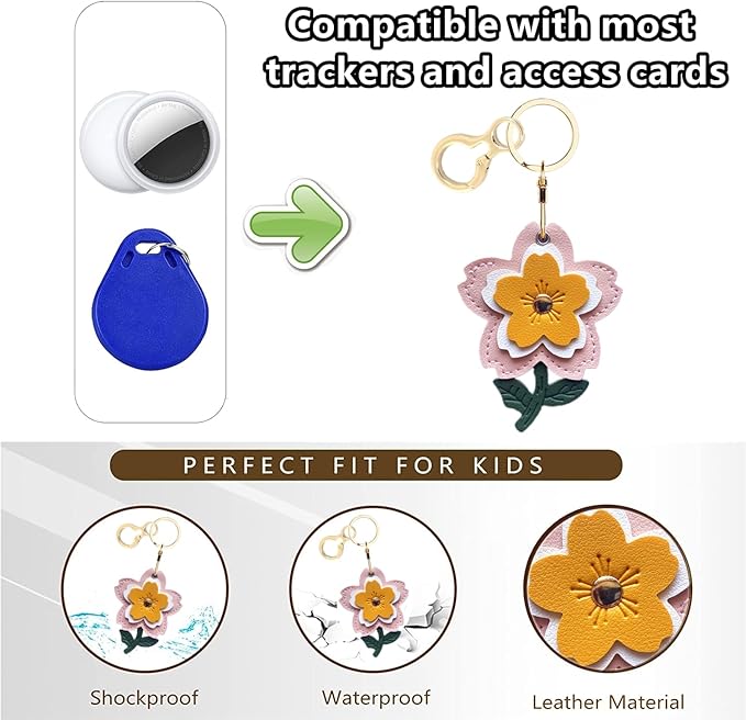 Leather Keychain Holder Case Compatible with AirTag,Cute Protective Apple Air Tag Cover with Keychain Ring,Anti-Scratch Finder GPS Tracker Case for Wallet Keys,Bag,Pets(Flower D)