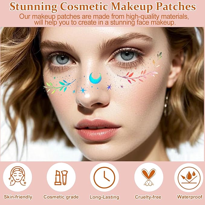 Boko 10Pcs Holographic Glitter Freckles Face Tattoo, Star Face Glitter Speckles Makeup Patches for Pride Accessories, Waterproof Sparkle Temporary Tattoos for Festival Concert Party Rave Accessories