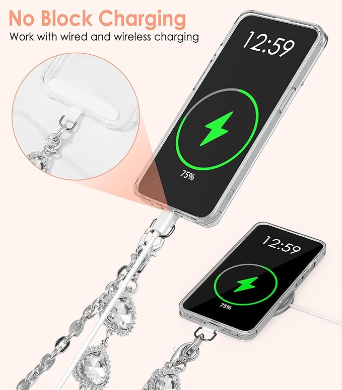 MoKo Universal Phone Lanyard, Metal Cell Phone Chain Crossbody Strap Anti-Theft Detachable Women Cellphone Lanyards Around The Neck with Patches for iPhone, Most Smartphones - Silver (Heart Shape)