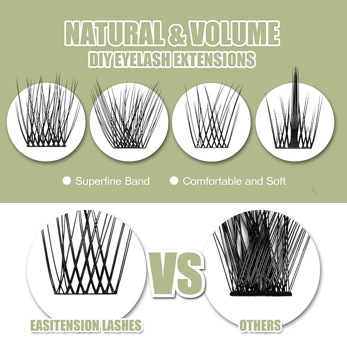 DIY Eyelash Extension, 3D Effect Glue Bonded Band Individual Lash 48 Clusters Volume Lashes Set, Home Eyelash Extension, C curl Lashes Pack 14MM-Natural-48 Clusters