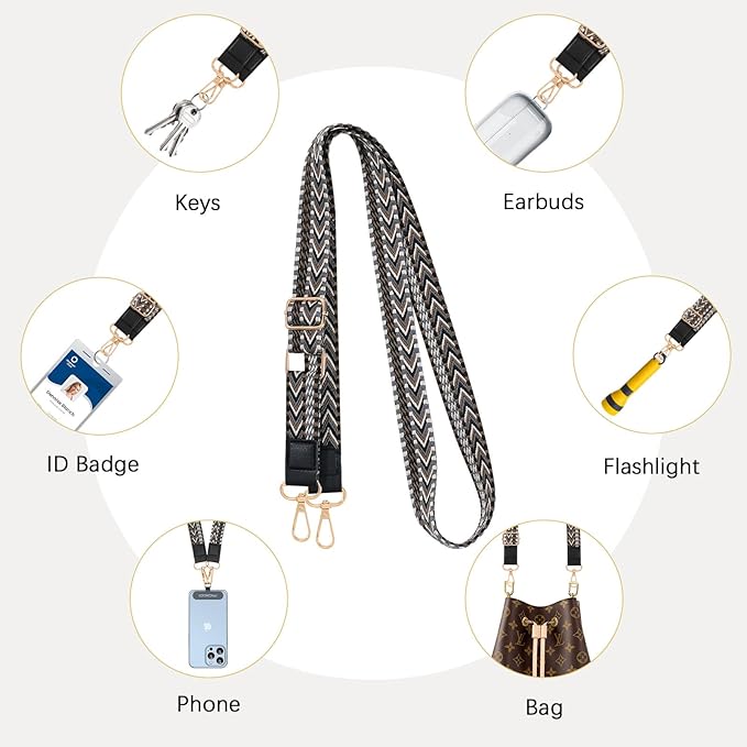 MoKo Universal Phone Lanyard, Braided Adjustable Cell Phone Crossbody Strap Detachable Women & Men Cellphone Lanyards Around The Neck with Patches for iPhone, Most Smartphones, Black & Gray