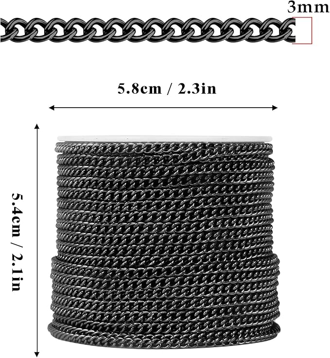 66FT Gunmetal Stainless Steel Curb Chains Roll, 3mm 304 Stainless Steel Black Flat Twisted Links Curb Chains Bulk Spool for Jewelry Making DIY Craft