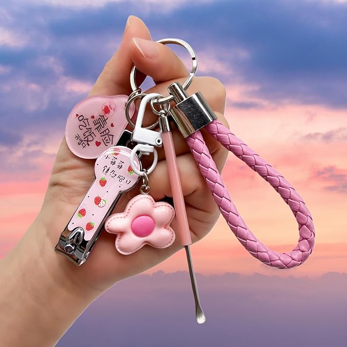 Cute Keychain with Nail Clipper Ear Pick for Women Girls Cute Key Chain Wristlet Cartoon Keychain Lanyard