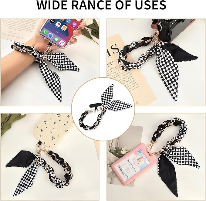 Fycyko Phone Wrist Strap with Gold Metal Scarf and Universal Tether Tab, Aesthetic Print Design Ribbon Chain, Multi-Purpose Accessories for Bag Key Cellphone for Men Women Girls-Black Checkerboard