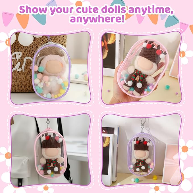 6 Pcs 7 Inch Clear Figure Display Bag with Keychain Large Doll Hanging Blind Box Display Case Clear Keychain Pouch with 2 Pcs Plush Balls for Figures Collectibles, Doll Collector(Mixed Color)