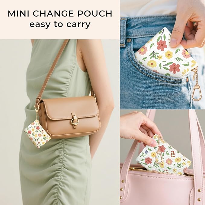 Multicolor Floral Keychain Coin Purse for Women, Small PU Leather Change Pouch, Zipper Little Tiny Travel Wallet for Girls, Cute Kawaii Zip Pocket Coin Holder with Key Ring