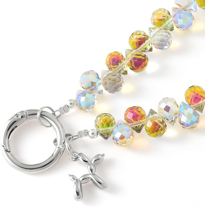 Crystal Phone Wrist Strap Phone Charm Chain Keychain Beaded Cellphone Lanyard with Tether Tab Hands-Free Wristlet Bracelet Wrist Grip Strap for Women, D-Rainbow