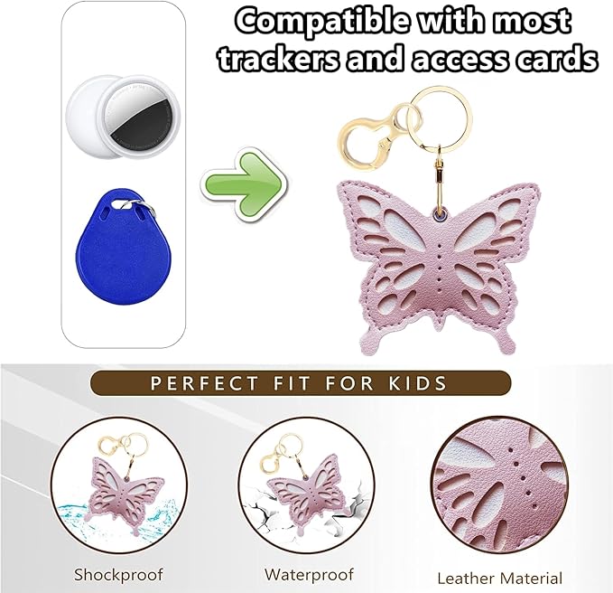 Leather Keychain Holder Case Compatible with AirTag,Cute Protective Apple Air Tag Cover with Keychain Ring,Anti-Scratch Finder GPS Tracker Case for Wallet Keys,Bag,Pets(Pink Butterfly)