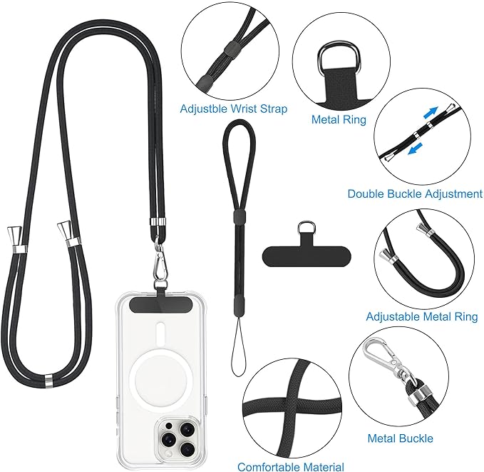 Phone Lanyard Crossbody, 2 Pack Adjustable Double Buckle Nylon Neck Cell Phone Lanyards, 2x Wrist Phone Straps and 2 Pack Phone Tether Pads Compatible with iPhone & Most Mobile Phones