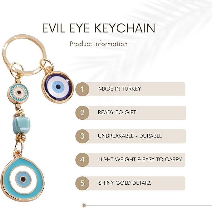 BCS Evil Eye Keychain Bag Charm - Good Luck & Protection Amulet - Car Keyring Purse Accessories for Women