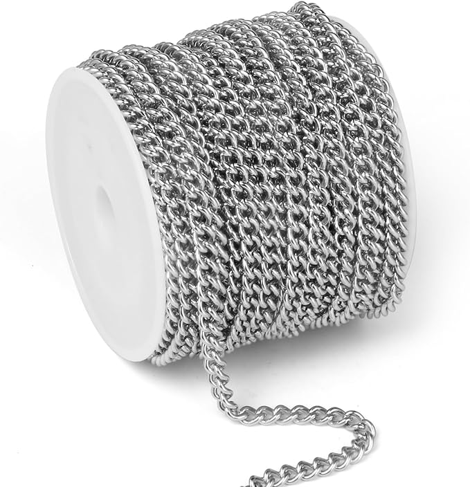 33FT Stainless Steel Curb Chain Roll, 5mm 304 Stainless Steel Flat Twisted Links Curb Chains Bulk Spool for Jewelry Making Necklace DIY Craft