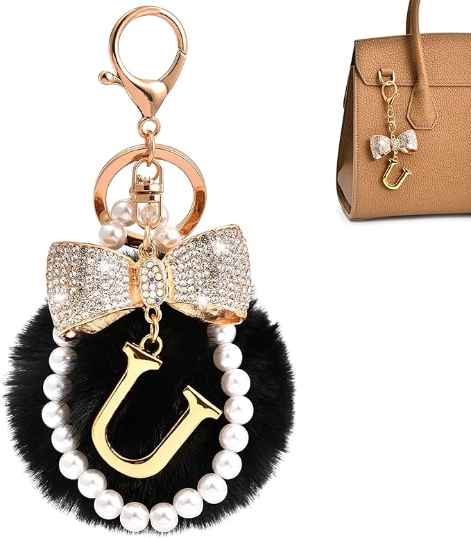 Gold Initial Keychain with Rhinestone Bow & Black Pom Pom, Cute Letter Bag Charm for Women Purse and Car Keys