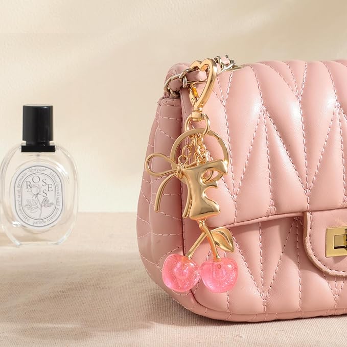 Snycler Bubble Initial Keychain with Cherry & Bow - Gold Letter Bag Charms for Women, Cute Purse Handbag Accessories