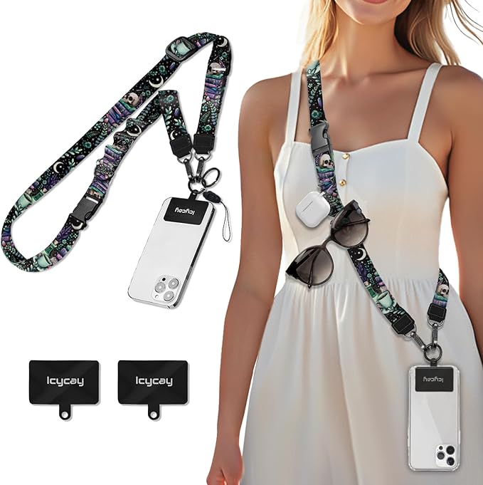 Phone Lanyard Crossbody, Gothic Skull Book Cell Phone Strap for Around The Neck Adjustable, Goth Teacher Anti Theft Cute Lanyard for iPhone Case ID Holder Keys Accessories Travel Essential