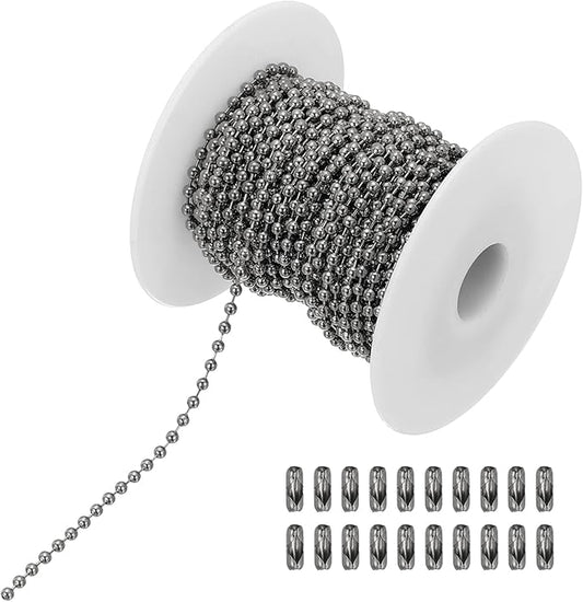 PATIKIL 10m/32.8ft Beaded Ball Chain, 2.4mm Stainless Steel Pull Chain Extension with 20 Pcs Connectors for Tag Chain, Keychain Rings, DIY Crafts, Dark Silver