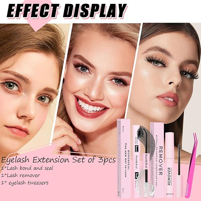 Lash Bond and Seal Kit 3Pcs DIY Lash Extension with Waterproof Lashe Cluster Glue 72h Hold and Seal Lash Remover Tweezers for Eyelash Extensions Beginners Self Use at Home