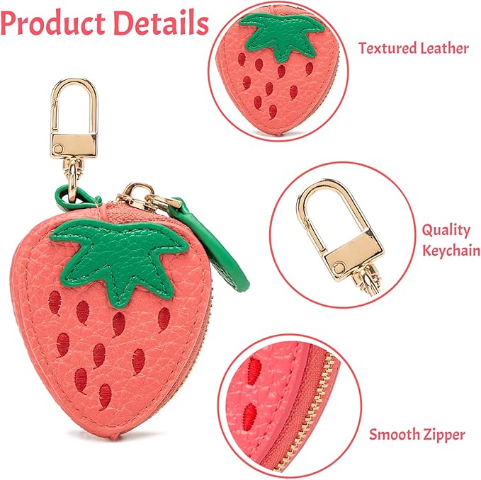 Strawberry Fruit Bag Charm Cute Fruit Charms for Purse, Coin Purse Keychains Leather Small Pouch Mini Pouch Keychain Small Wallet Key Chain Pink Mini Bag Keychains, Birthday Christmas Gifts for Women