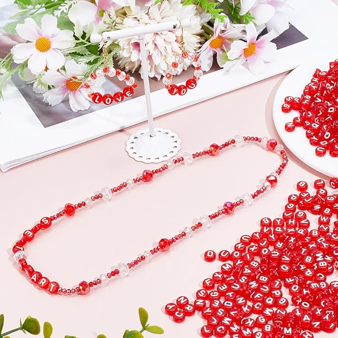 1 Box 800pcs Red Transparent Letters Beads with White Alphabet Acrylic Flat Round Clear Cylinder Loose Spacer Letter Bead Charm Bulk for Jewelry Making Necklace Bracelet DIY Craft Supply