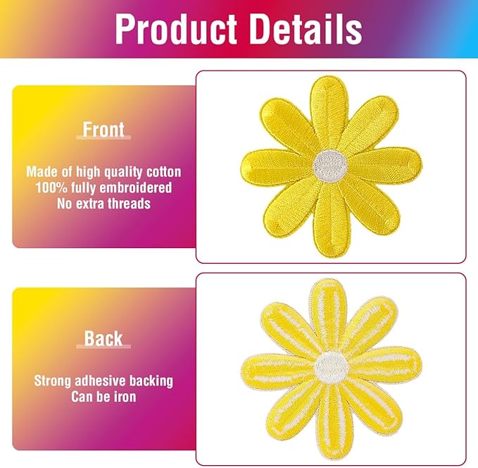 WILDREEDS 24 Pieces Colorful Daisy Flower Butterfly Iron on Patches, Iron Flower Embroidered Patch for Clothing, T-Shirt, Backpacks, Hats, Jeans, Jackets