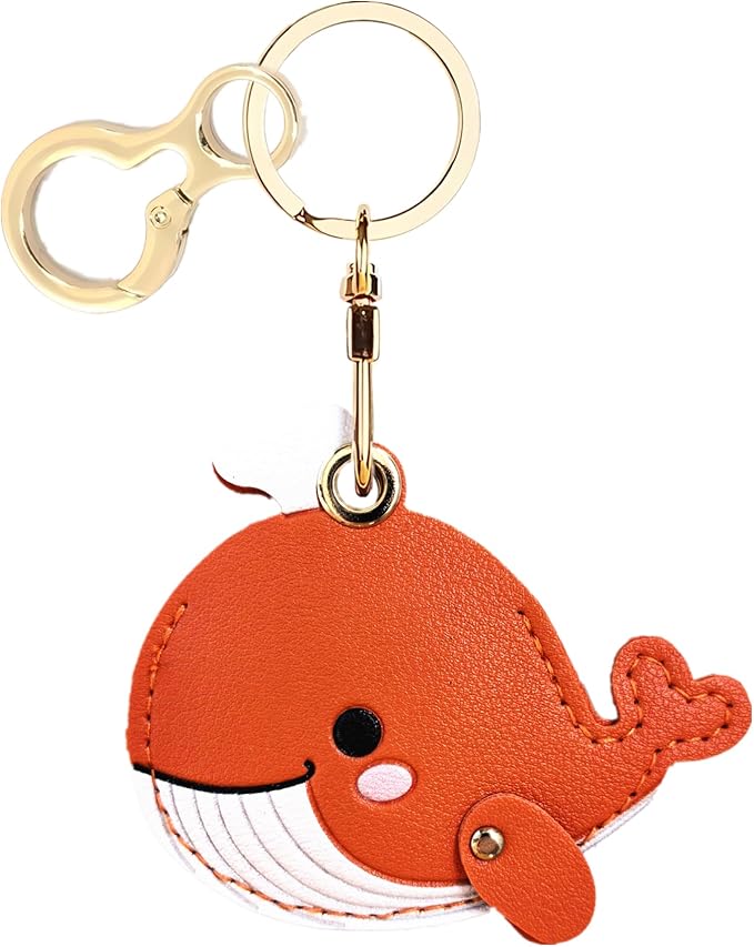 Leather Keychain Holder Case Compatible with AirTag,Cute Protective Cover with Keyring,Anti-Scratch Finder GPS Tracker Case for Wallet Keys,Bag,Pets(Whale Orange)