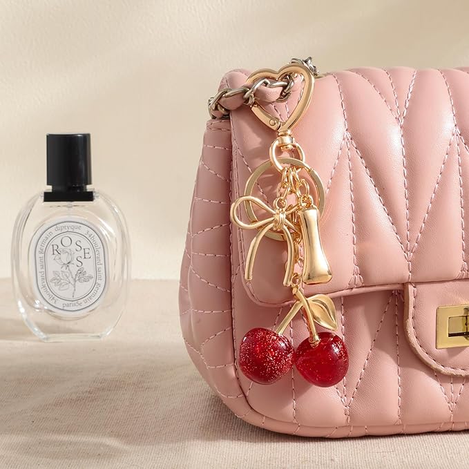 Snycler Bubble Initial Keychain with Cherry & Bow - Gold Letter Bag Charms for Women, Cute Purse Handbag Accessories