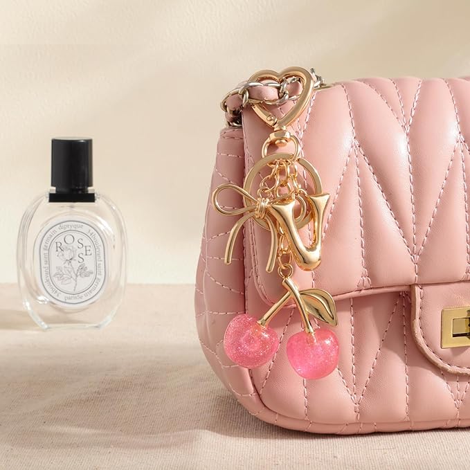 Snycler Bubble Initial Keychain with Cherry & Bow - Gold Letter Bag Charms for Women, Cute Purse Handbag Accessories