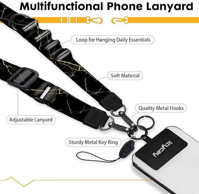 Phone Lanyard Crossbody, Black Marble Cell Phone Strap for Around The Neck Adjustable, Anti Theft Cute Lanyard for iPhone Case ID Holder Keys Accessories Travel Essential