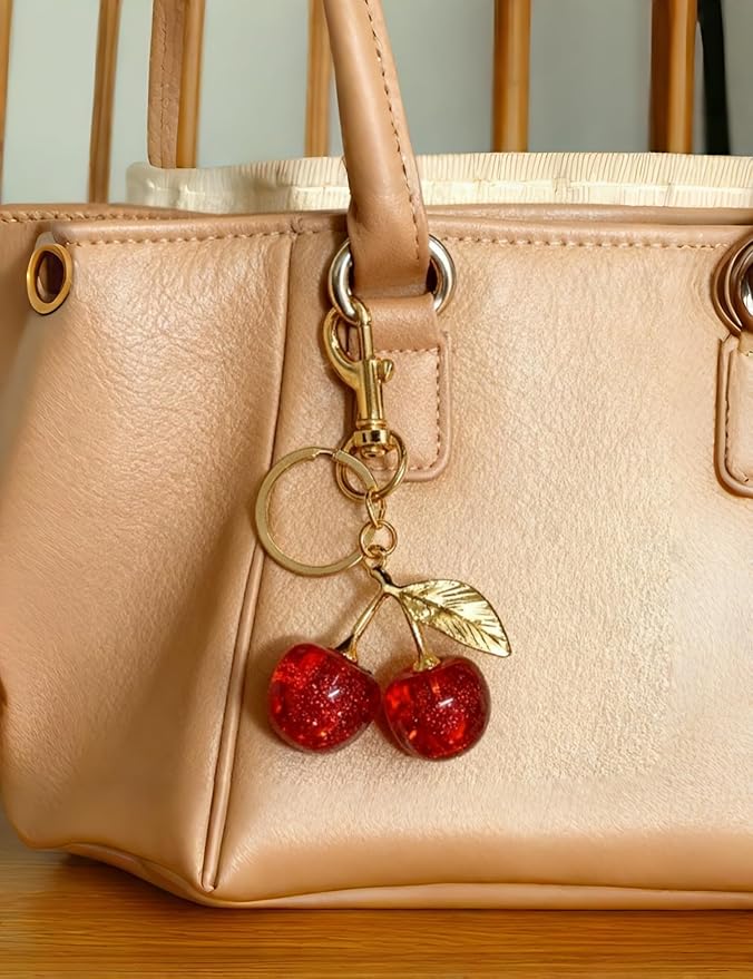 Four Leaf Clover Cherry Bag Charm Keychain,Cute Cherry Purse Charm,Clover Handbag Keychain,keyring for Women 3pcs