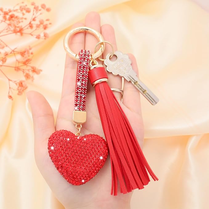 Heart Shape Rhinestone Glitter Keychains for Women Charms Purse Crystal Tassel Car Key Rings Backpacks