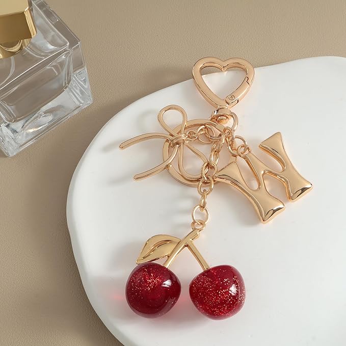 Snycler Bubble Initial Keychain with Cherry & Bow - Gold Letter Bag Charms for Women, Cute Purse Handbag Accessories