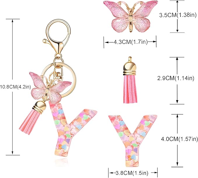 Fashion Alphabet Initial Letter Keychain Tassel Butterfly Pendant Key Ring for Purse Handbags Women Girl