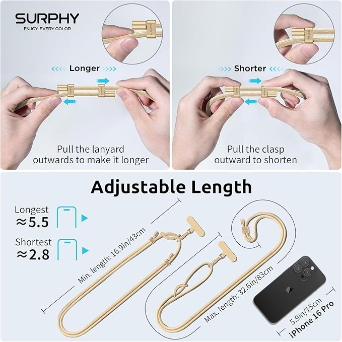 SURPHY Phone Lanyard, Adjustable Phone Strap Crossbody with 2 Pack Cell Phone Tether Tab, Premium Metal Buckles, Skin-Friendly, Universal Cell Phone Lanyard Crossbody for Women and Men, Khaki