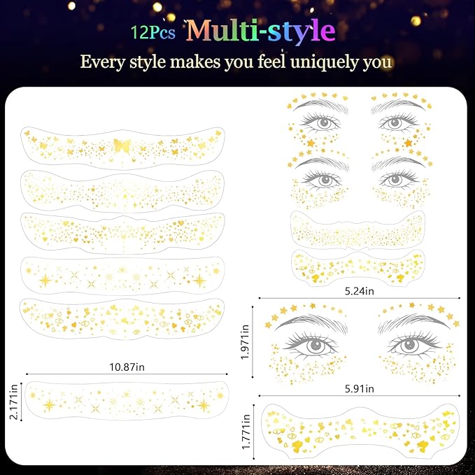 HyperFun 9 Pcs Face Glitter Freckles, Face Clavicle Glitter Fake Freckles Sticker, Waterproof Sparkle Freckles Makeup Patches for Women Rave Festival Accessories Concerts Party Prom