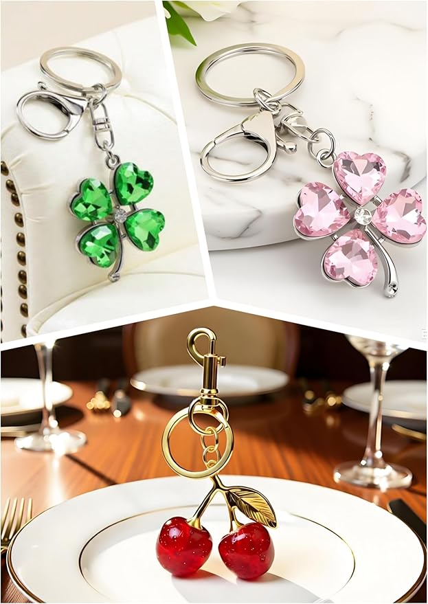 Four Leaf Clover Cherry Bag Charm Keychain,Cute Cherry Purse Charm,Clover Handbag Keychain,keyring for Women 3pcs