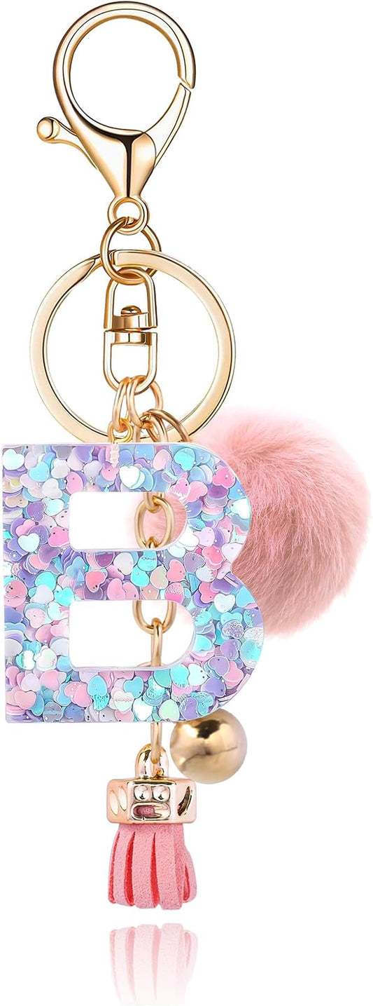 Resin Alphabet Initial Letter Keychain Keyring for Women Purse Handbags With Fur Ball Pom
