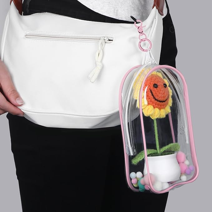 Pink Keychain Pouch, Keychain Figure Display Case for 17cm Doll, Waterproof Hanging Figure Display Bag with Keychains, Mini Small Clear Makeup Zipper Pouches Bag for Dolls Collection