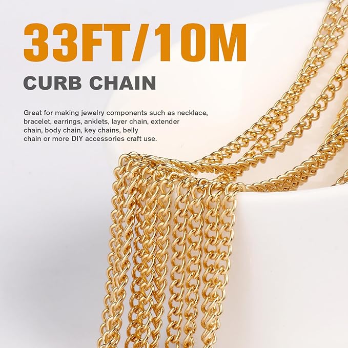 33 Feet 18K Gold PVD Plated Stainless Steel Curb Chain Bulk, 1.5mm 304 Stainless Steel Twisted Link Chains Roll Spool for Jewelry Making Necklace DIY Craft