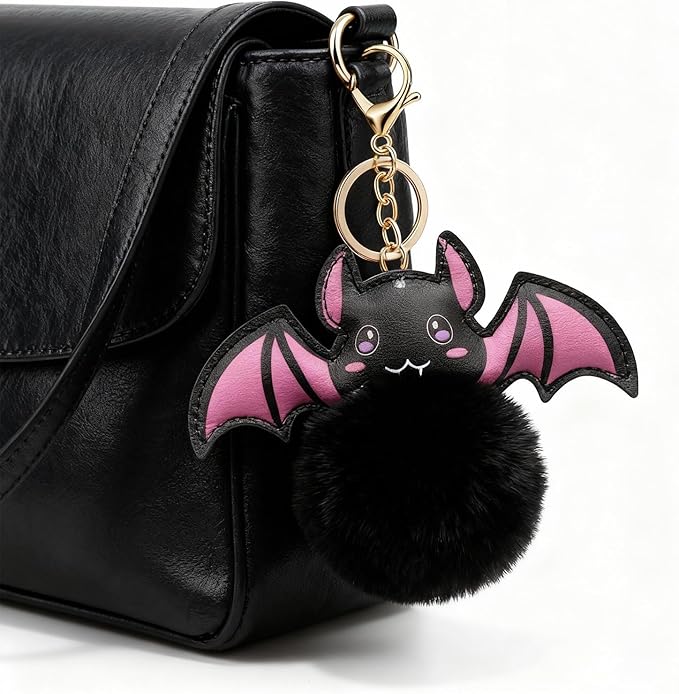 Cute Pom Pom Keychain Plush Leather Bat Keychain Halloween Bag Charms Purse Charms for Handbags Gifts for Women