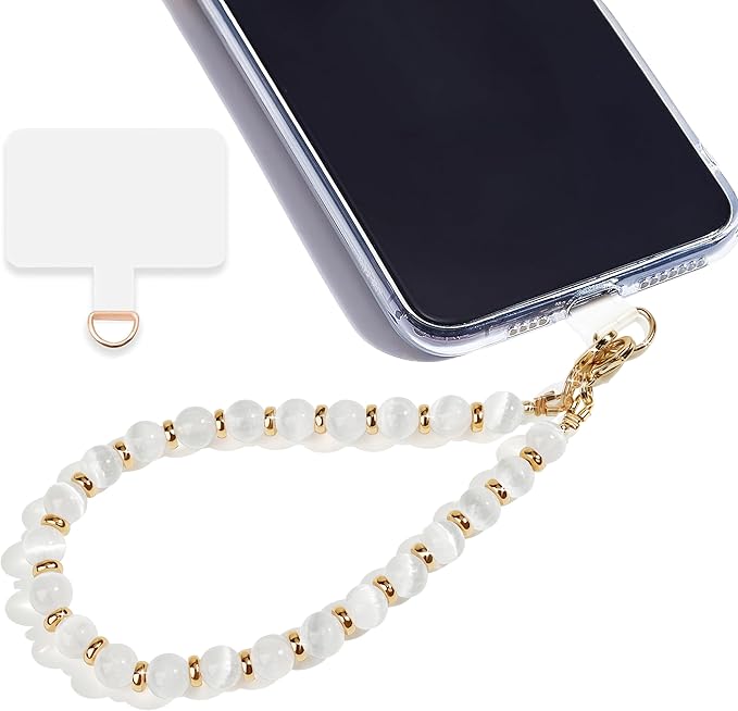 Marble Beaded Phone Wrist Strap,Detachable Phone Bracelet Strap with Tether Tab,Hands-Free Wristlet Strap (White Cat's Eye)