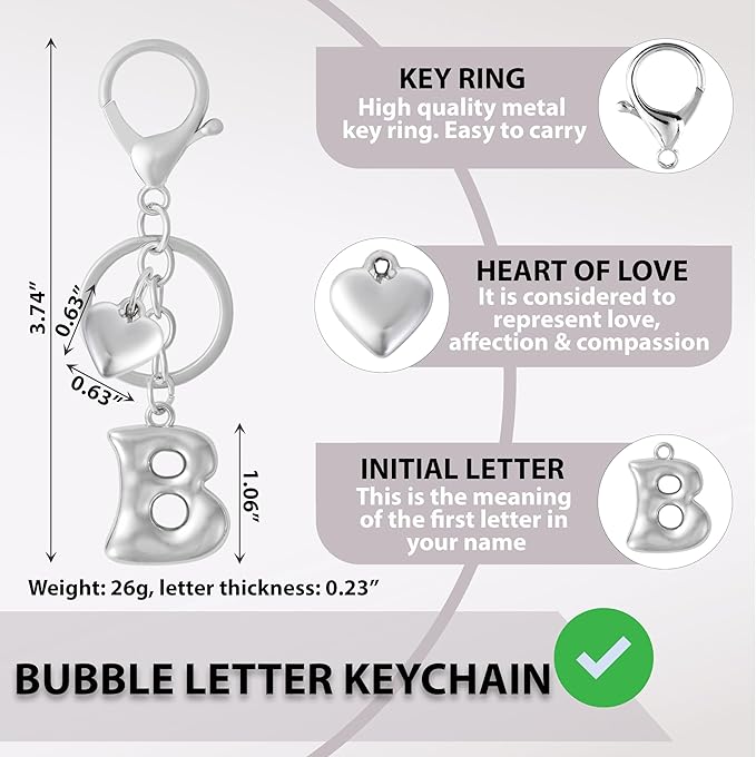 Heart Bubble Letter Keychain for Women, Girls - Cute Keychain with Initial - Alphabet Keychain for Bag Charm, Handbag