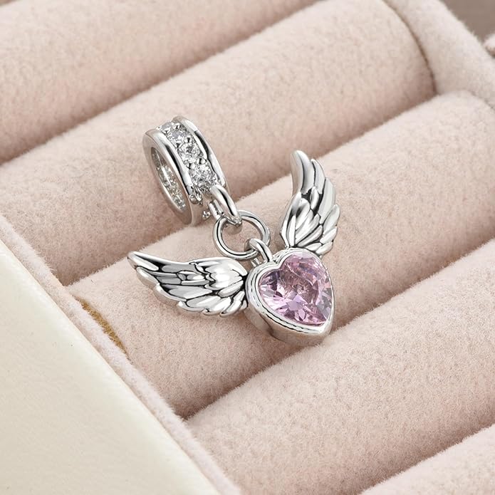 KunBead Guardian Angel Wings Heart Birthstone Dangle Birthday Charms Compatible with Pandora Charm Bracelet for Women